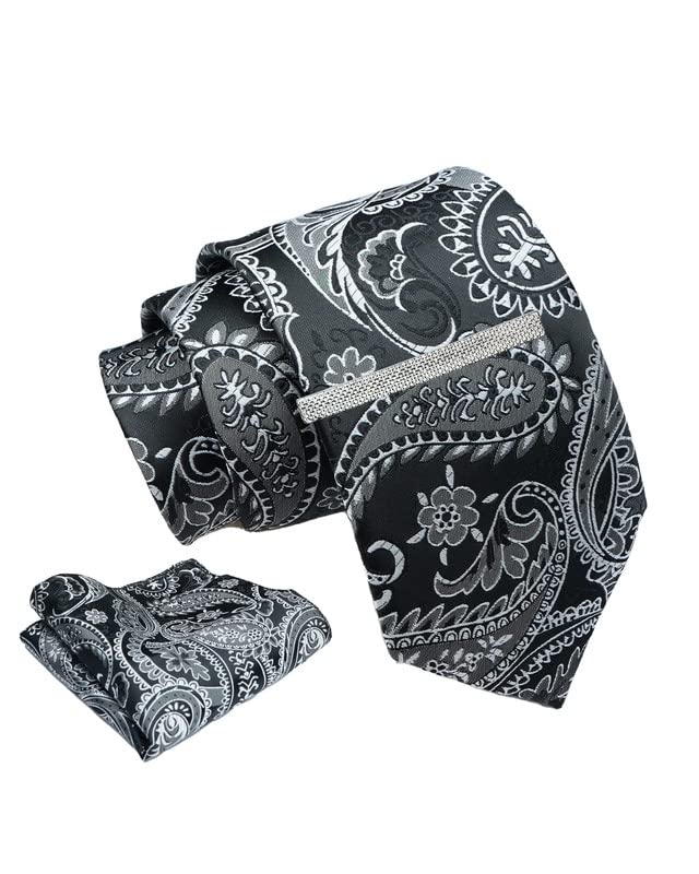 Black Pasiley Tie For Men – Formal Ties Set With Pocket Square & Tie Pin Clip For Mens, Silk Neckties Gift Sets For Men’s (AXNW7)