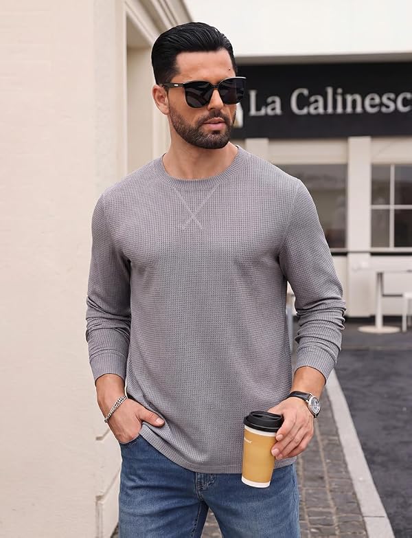 Askdeer Men's Waffle Long Sleeve T-Shirt Casual Lightweight Pullover Tees by Askdeer - Used condition - US$16.59