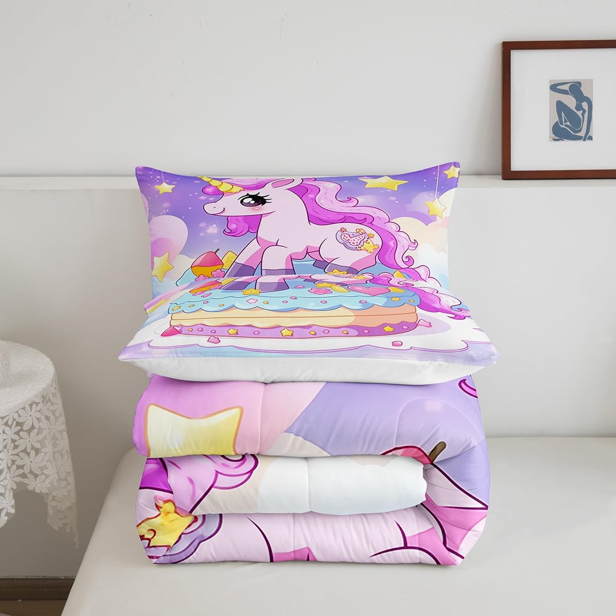 Kawaii Unicorn Duvet Cover Set – Cute Cartoon Cake & Glitter Star Print Bedding For Kids & Teens (Twin Size, 1 Pillowcase)