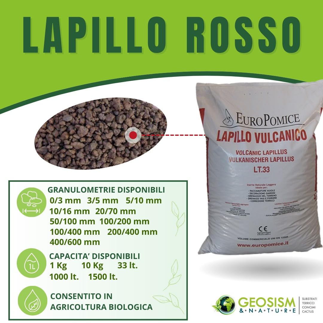 Geosism & Nature Piedra volcánica roja, Lava volcánica 3/5 mm (Aproximadamente 33 kg - 33 lt)
