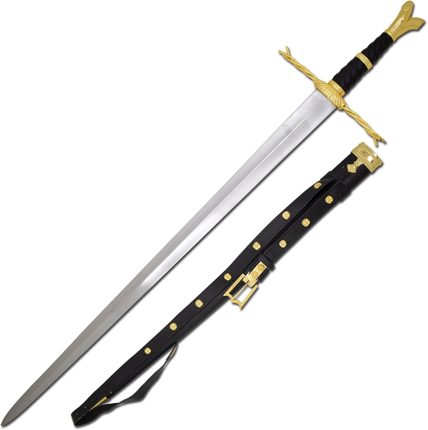 Medieval Warrior 15th Century German Branch Writhen Gold Hilt Longsword Hand and A Half Sword with Real Leather Scabbard