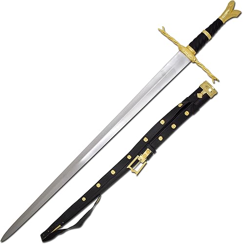 Medieval Warrior Espada larga con mango de oro Writhen de rama alemana del siglo XV y media espada con vaina de cuero real