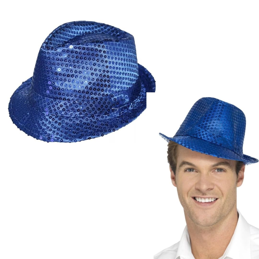 RockParty Sequin Fedora Hat Sparkly Trilby Fancy Dress Hat for Adults & Kids, Festival, Party, Dance, Stage, Rave & Costume Accessories (Blue)