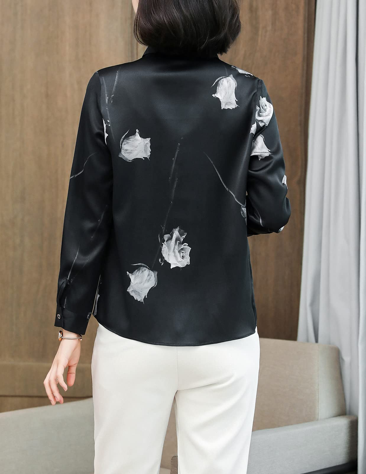Valin Blusa de seda para mujer con estampado de botones, blusa de manga larga con solapa, blusa de seda, S9082