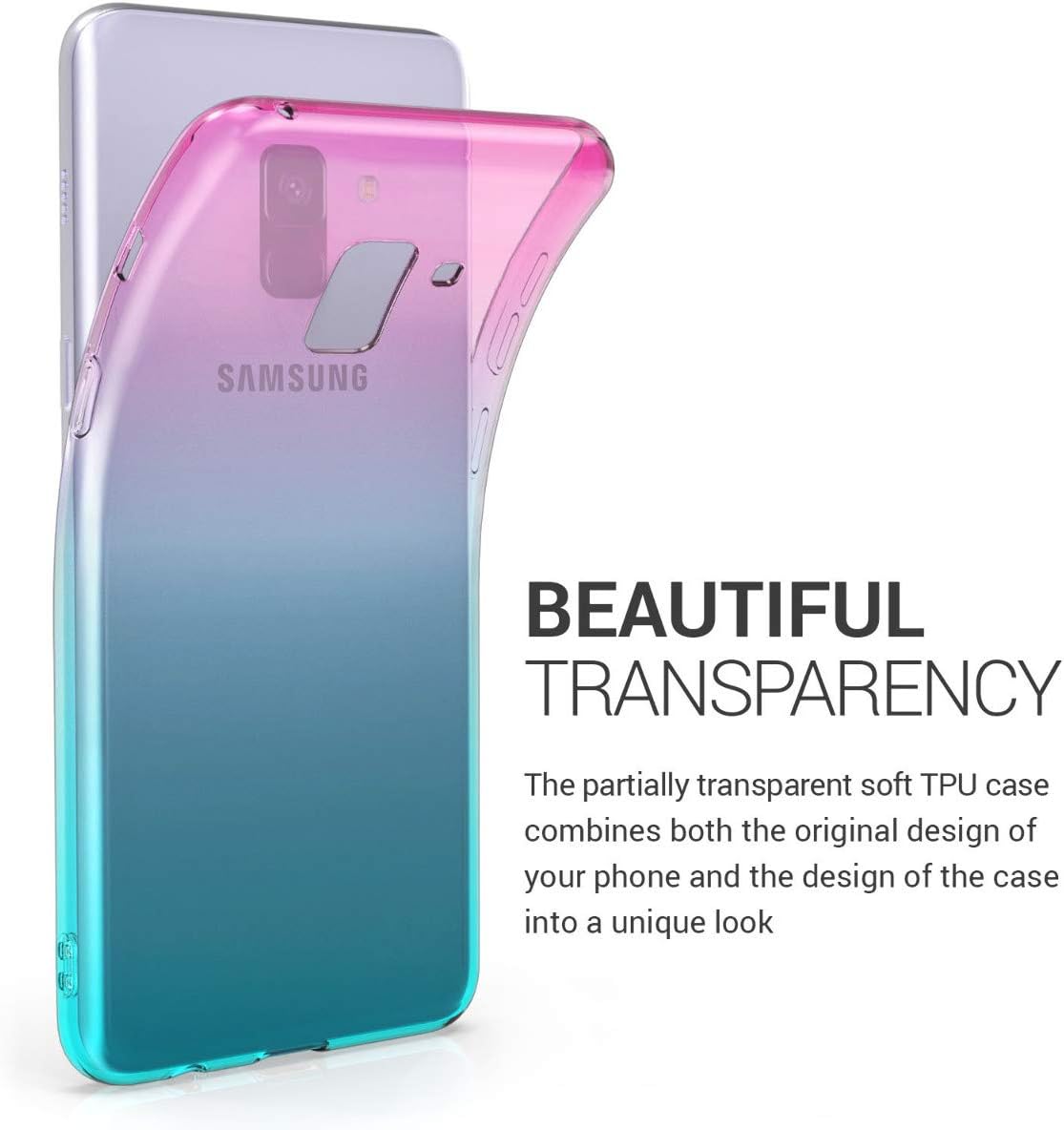 kwmobile Case Compatible with Samsung Galaxy A8 (2018) - Case Transparent Gradient Phone Cover - Bicolor Dark Pink/Blue/Transparent