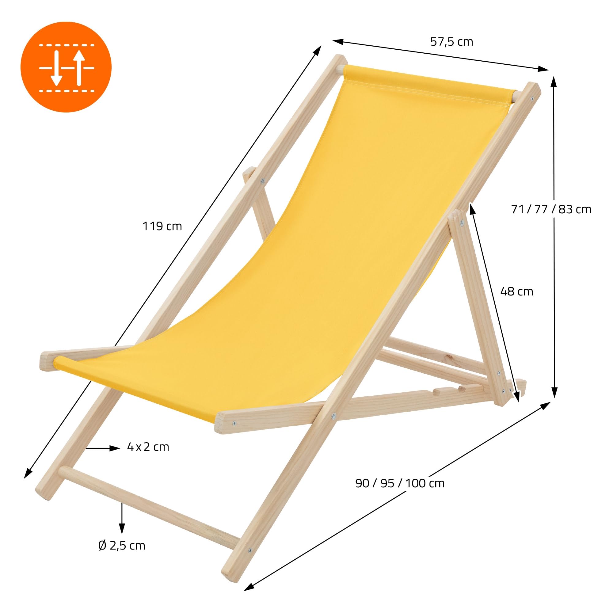 ECD Germany Lot de 2 Chaises Longues Pliantes en Bois Chiliennes, Jaune, Dossier Réglable, 3 Positions de Couchage, jusqu'à 120kg, Bain de Soleil en Tissu pour la Plage Jardin Terrasse Camping