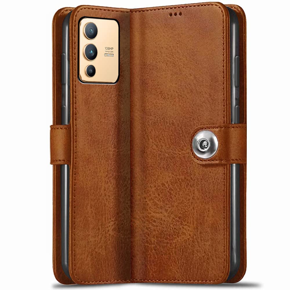 TheGiftKart Genuine Leather Finish for Vivo V23 Pro 5G Flip Back Cover Case | Inbuilt Pockets & Stand | Wallet Style | Designer Button Magnet Flip Cover Back Case for Vivo V23 Pro 5G (Brown) (B09Q5CD1GT) Amazon Price History, Amazon Price Tracker
