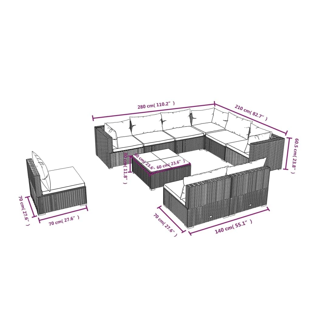 10-częściowy zestaw mebli ogrodowych, polirattan, czarny, poduszka w kolorze niebieskim, modułowe meble outdoorowe na taras, balkon, wytrzymała rama stalowa, stół 60 x 60 x 30 cm
