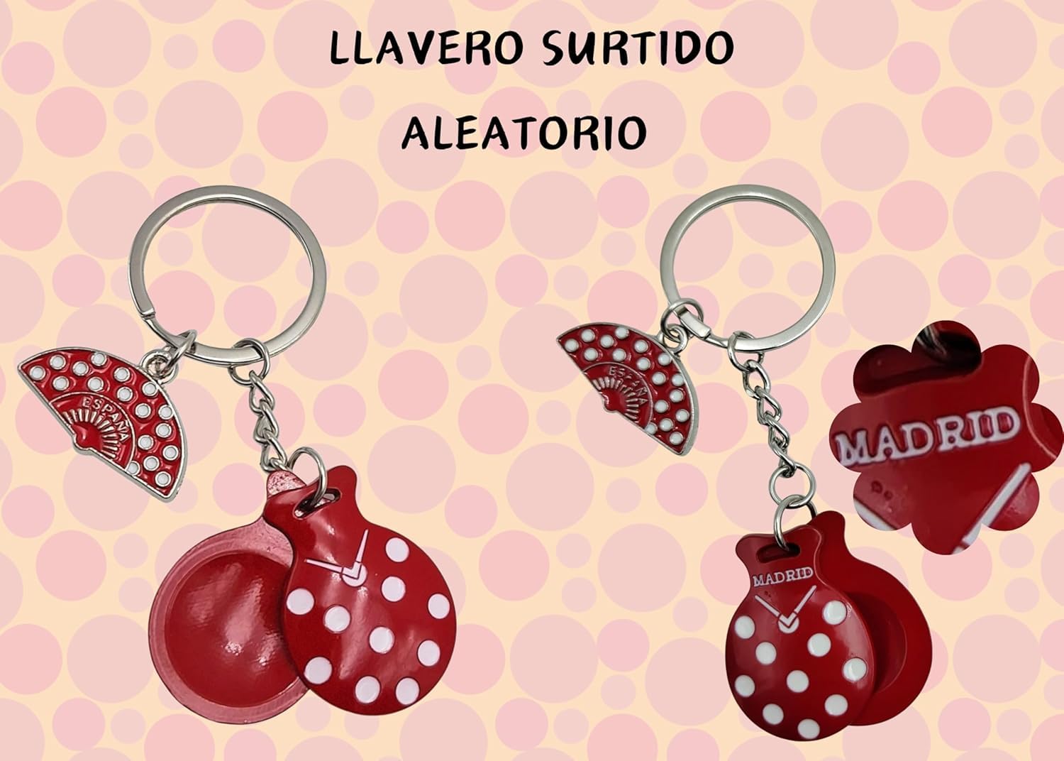 Abanico Plegable con Funda para Abanico. Tela Estampada de Algodón sobre Madera. Lunares Pintados. con Llavero de Costumbres Españolas (Rojo Lunares Blancos)