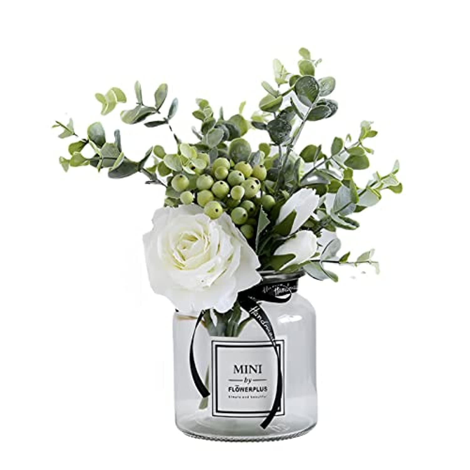 Beauenty Ins Style Vase With Artificial Flower,Artificial Rose With Glass Vase Fashion Decorative Vase Set,Flowers With Vase Set Wedding Party Home Bedroom Living Room Table Decor(White)