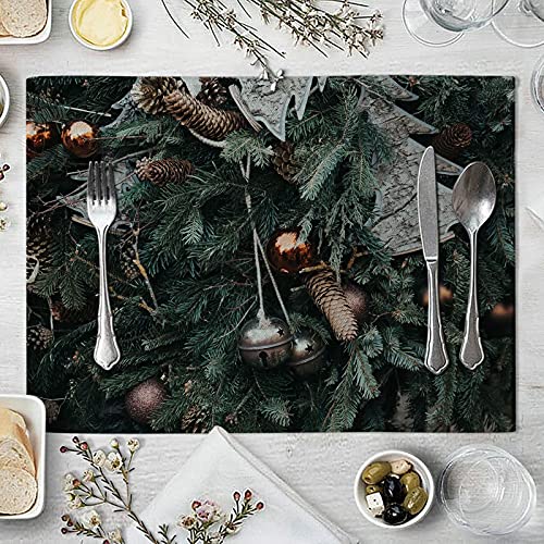 Aeici Manteles individuales de Navidad de granja, manteles individuales de lino, 6 árboles de Navidad con campanas de 32 x 42 cm para fiestas de Navidad, hogar Cover