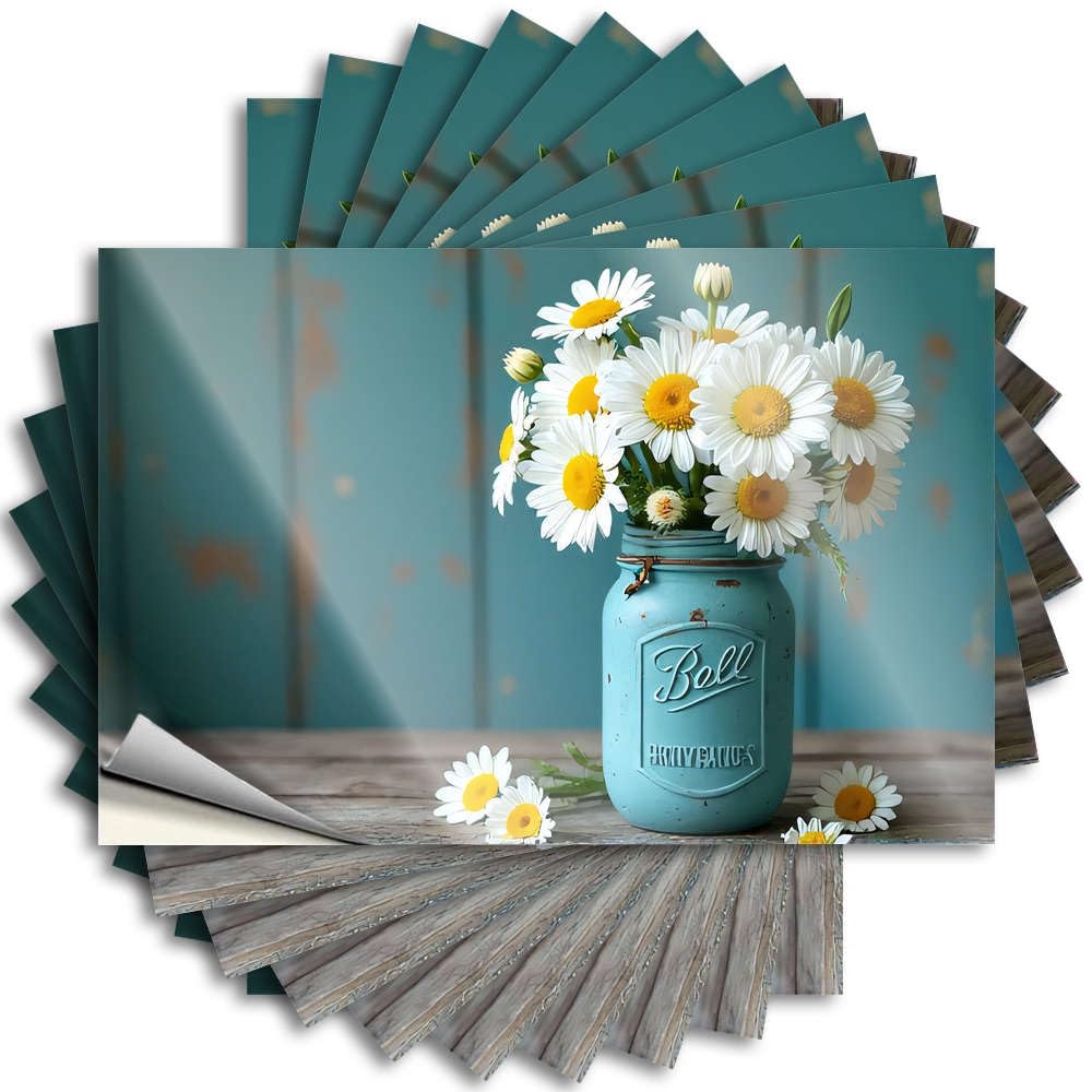 Fzfn Colour Sticker Emo Durable Vinyl - A Bouquet Of Daisies In A Vintage Blue Mason Jar Door For Adult Use(12X18cm)