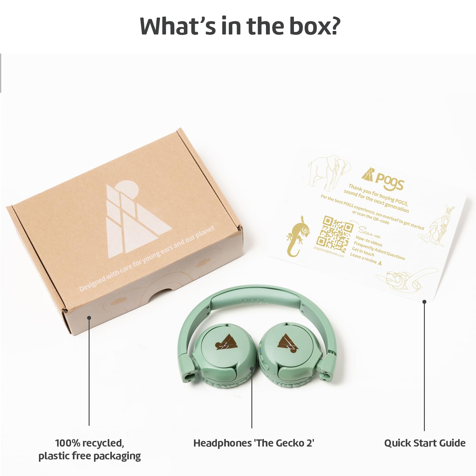 POGS The Gecko 2 - Auriculares inalámbricos Bluetooth para niños, plegables, duraderos para niños a partir de 3 años, volumen limitado de 85 dB, micrófono, supraaurales, función inalámbrica para