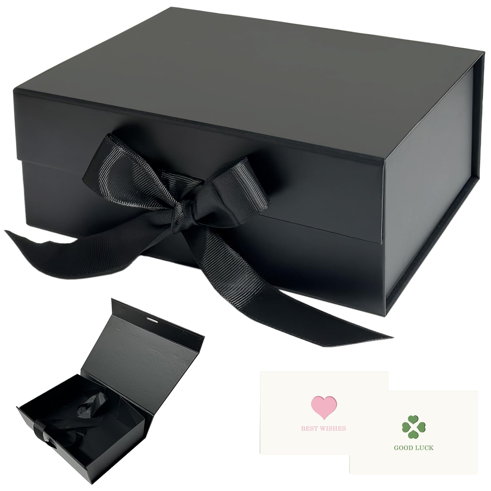 AlGuirnex Gift Box Foldable 29x22.5x11cm with Magnetic Lid, Premium Present Box with Ribbon & 2 Greeting Cards – Luxury Flat-Pack Packaging for Birthday, Wedding & Occasions (Black-M)