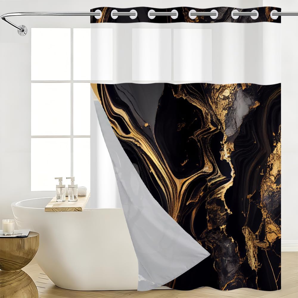 No Hooks Shower Curtain and Liner Set Modern Luxury Black and Gold Marble Shower Curtain Set for Bathroom Decor Double Layers Machine Washable Waterproof Fabric with See Through Top 71x74 Inch