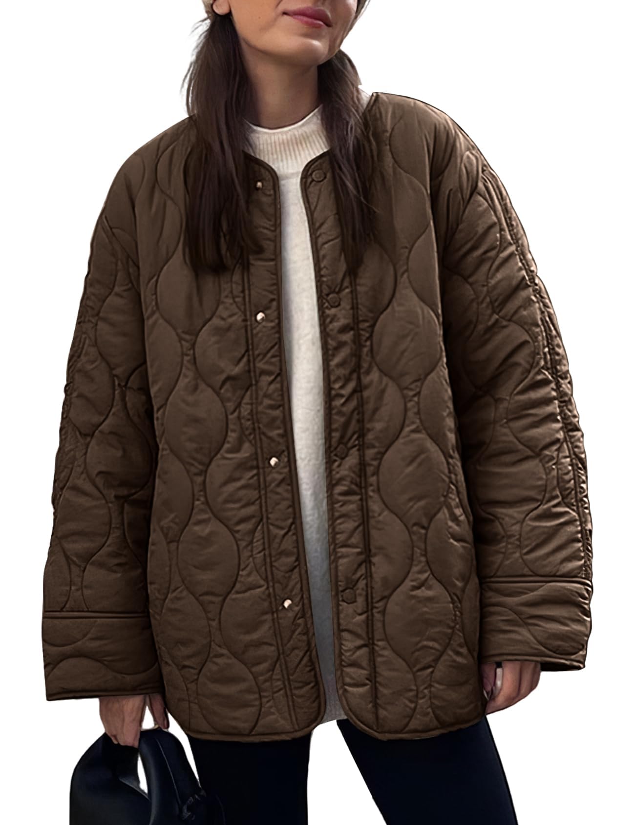 Women's Fall Winter Quilted Cotton Coat: Loose Fit Round Neck Casual Jacket, Solid Color Oversized Padded Outerwear for Trendy Daily Streetwear — view 12