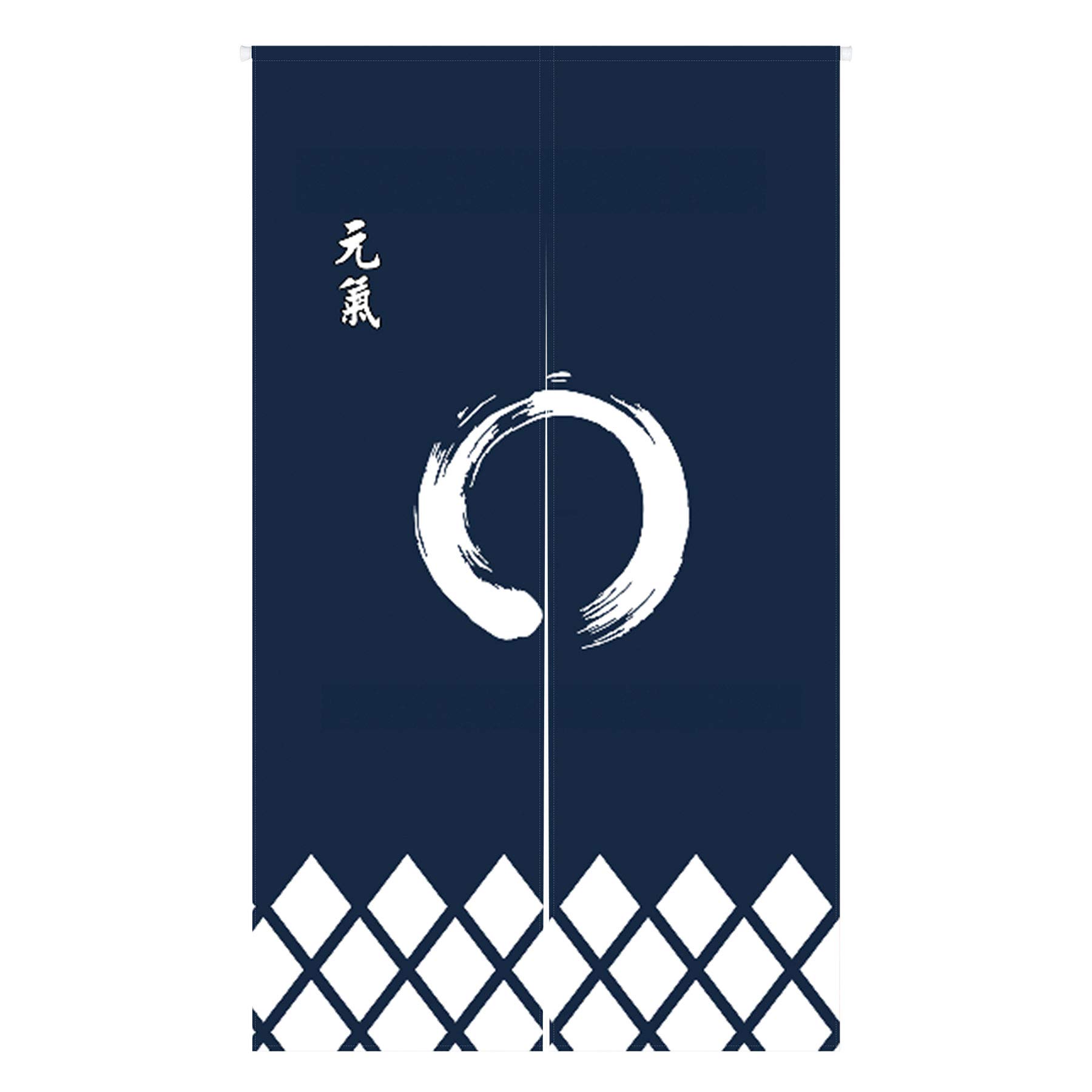 LIGICKY Japanese Style Doorway Curtain Noren Linen Enso Circle Printed Window Treatment Hanging Door Tapestry for Sushi Kitchen Home Decoration 33.5" Width x 59" Long, Navy Blue and White
