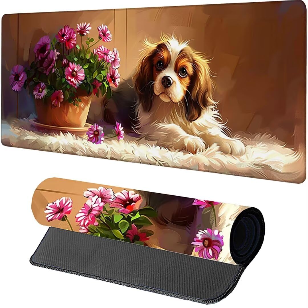 Excel Shortcut-Tasten-Mauspad - erweitertes großes 1200 x 600mm XL-Spickzettel-Gaming-Mauspad | PC-Büro-Tabellenkalkulation-Tastaturmatte | rutschfeste genähte Kante Blume Hund