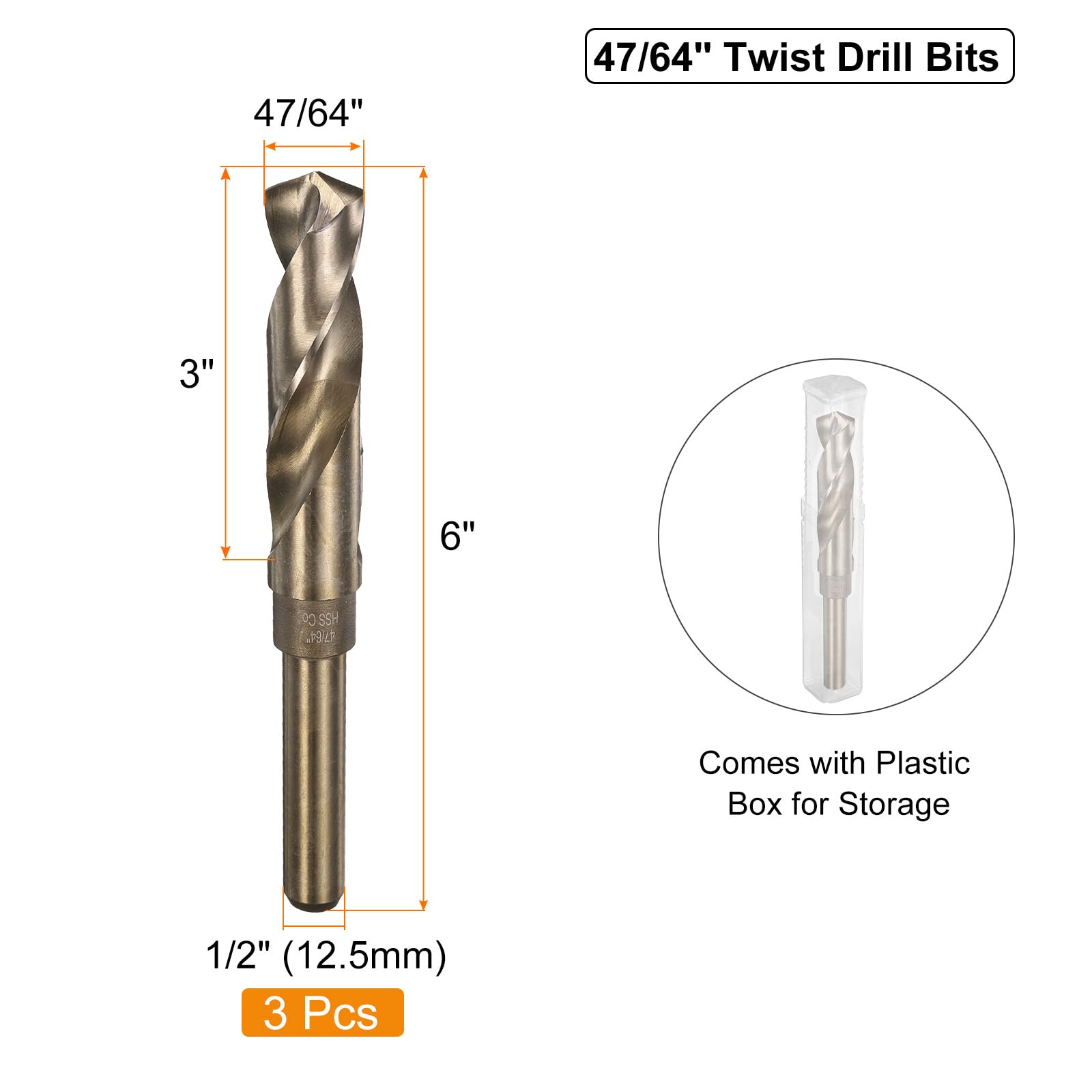 uxcell 3 brocas helicoidales de cobalto M35 de 47/64 pulgadas, broca Jobber de acero de alta velocidad para acero inoxidable, metal endurecido, hierro fundido, aluminio, cobre, acero de aleación