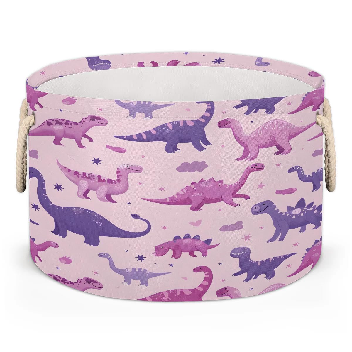 Tablerazzi Purple Pinks Dinosaur Large Round Blanket Basket Bin, Blanket Basket for Living Room Collapsible Fabric Laundry Hamper Basket with Handle