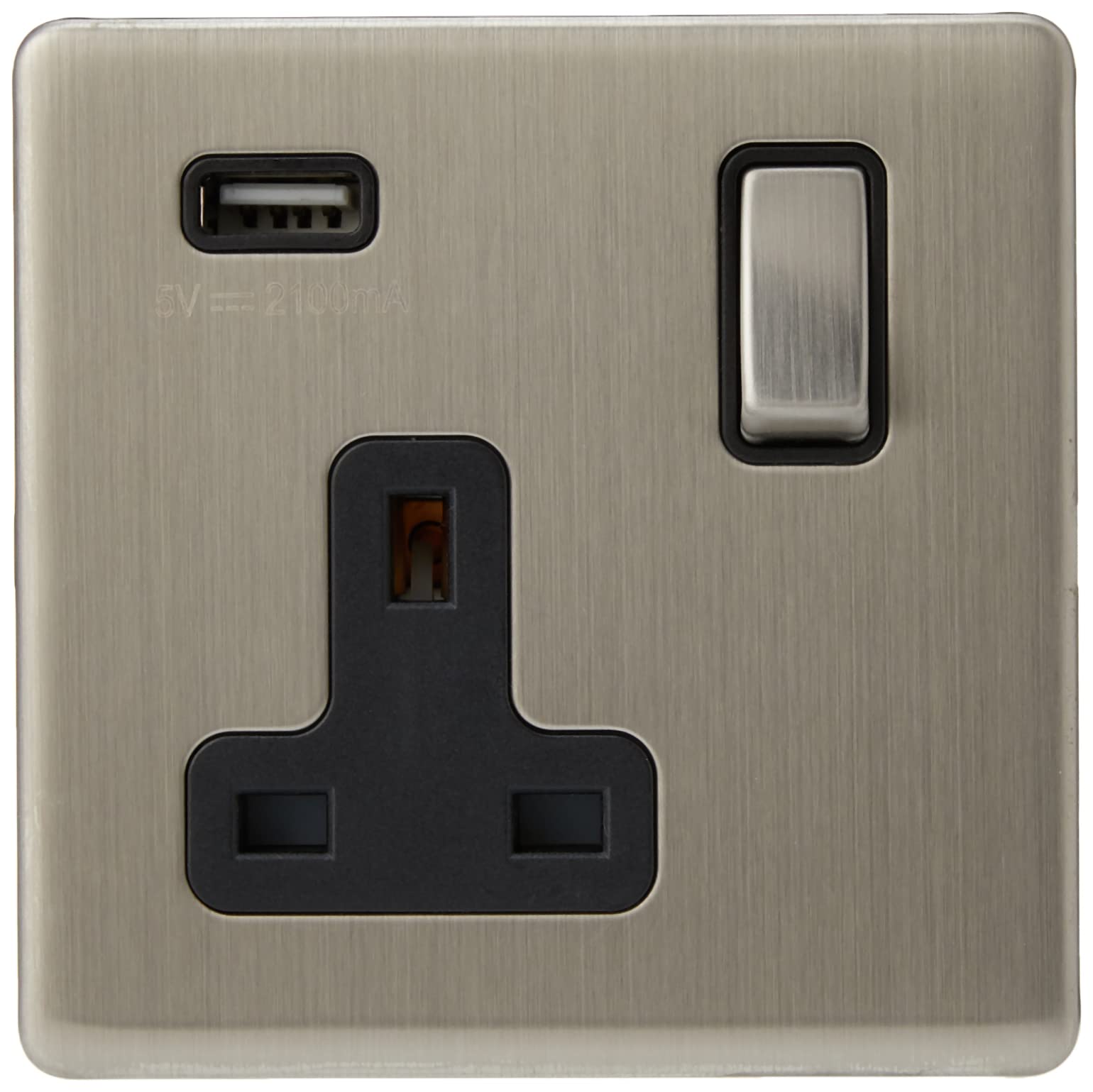 Aet Black Slusb1gbs 1 Gang 13 A Screwless Single Plug Socket With Usb Charging Port And Insert Metal Rocker Switch