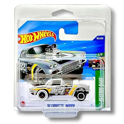 Hot Wheels '62 Corvette Gasser (Grey White, Yellow & Black) 4/5 HW Reverse Rake - 2025-182/250 (Short Card) - includes a KLAS Car Keeper Protector Case - JBB08