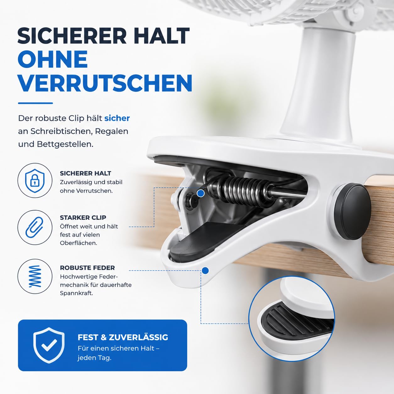 Leiser Tischventilator mit Clip & Ständer 20 cm 90° Schwenkfunktion 3 Leistungsstufen