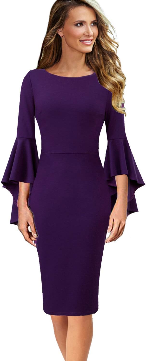 VFSHOW Womens Ruffle Bell Sleeves Cocktail Party Wedding Guest Slim Bodycon Graduation Birthday Party Pencil Sheath Dress