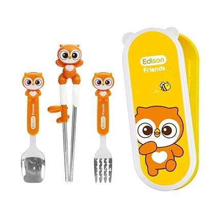 Edison Friends Owl Stainless Steel Chopsticks, Spoon, Fork and Case 4 Set - Right Handed, Yellow, Owl, Set of 4 pcs (Olly), Made in Korea