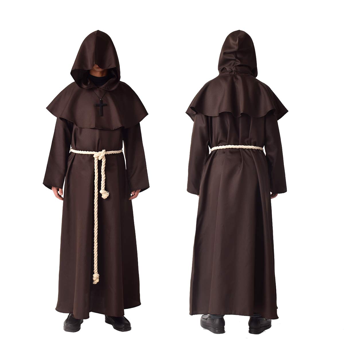 BLESSUME Monk Costume Medieval Robe Priest Hooded Renaissance Friar Cowl Outfit (L,Coffee)