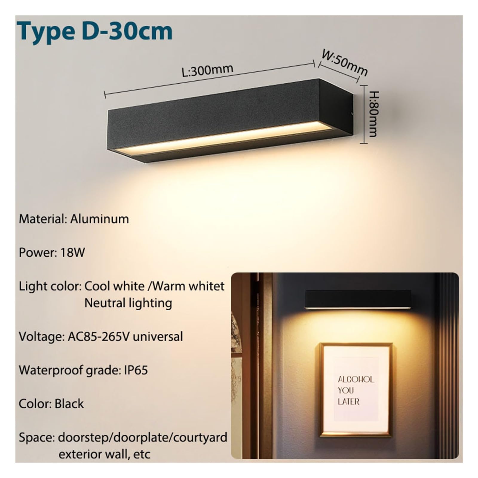 Kinkiety ścienne LED na werandzie aluminiowe oprawy oświetleniowe zewnętrzne IP65 wodoodporna lampa do domu drzwi do patio wystrój garażu(Cool white 6000k,Black 30cm)