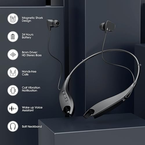 Miniatura 9 de Auriculares Bluetooth con banda para el cuello, Auriculares alrededor del cuello 24H+ tiempo de reproducción, auriculares Bluetooth con vibración de