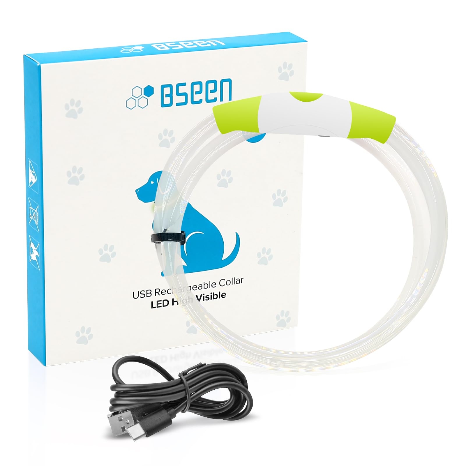 BSEEN Collare per cani illuminato, ricaricabile a LED, collare per animali domestici, in TPU, tagliabile, con luci incandescenti, per passeggiate notturne (verde)