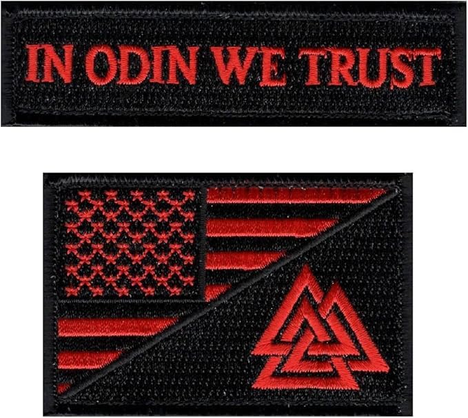 Odin we Trust USA Flag Valknut Viking Hook Fastener Patch (Bundle 2pc Red/Blk)