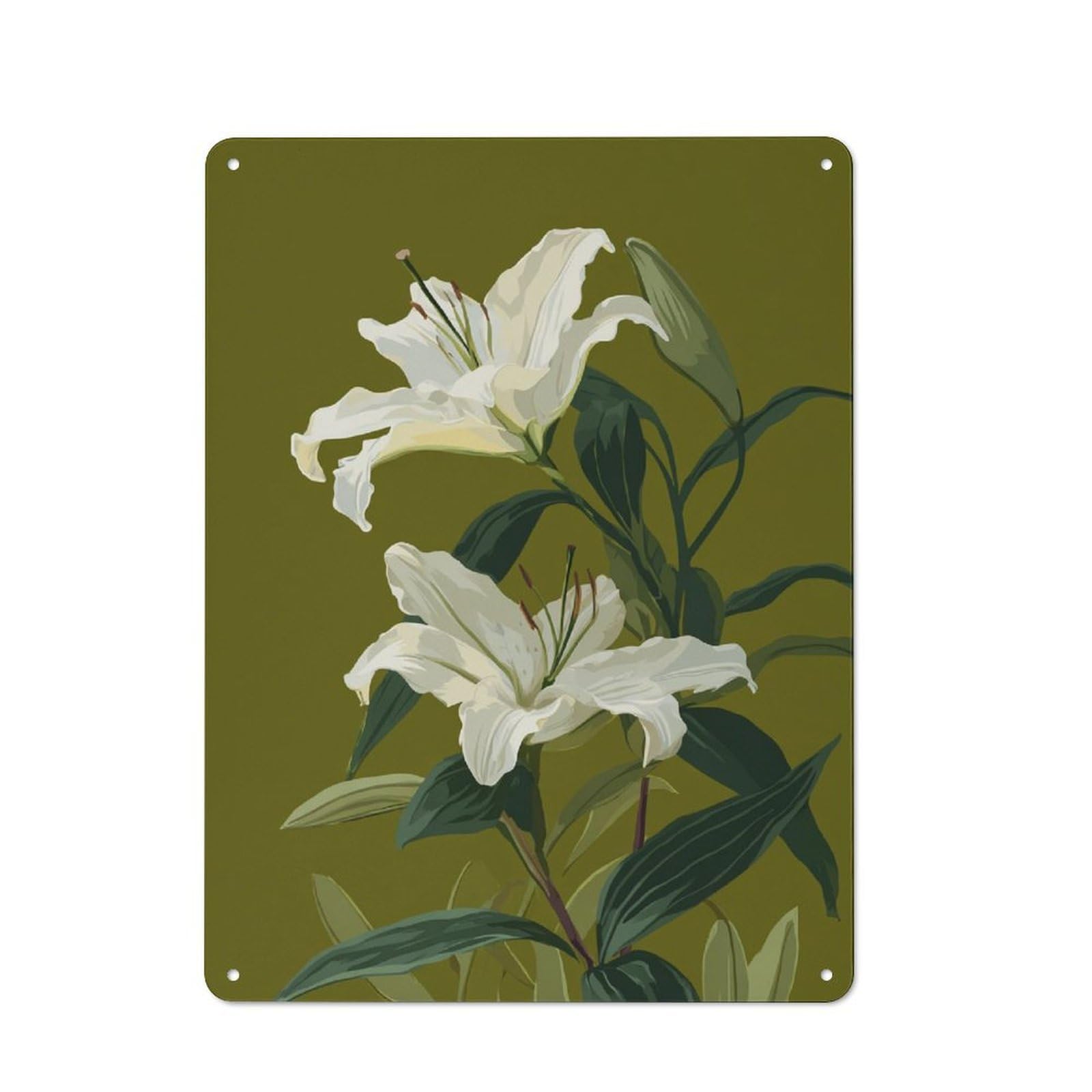 Junmoney White Lily Blossoms Retro Metal Wall Decor 40X30cm, Metal Wall Art Sign For Living Room, Hallway, Kitchen Or Cafe