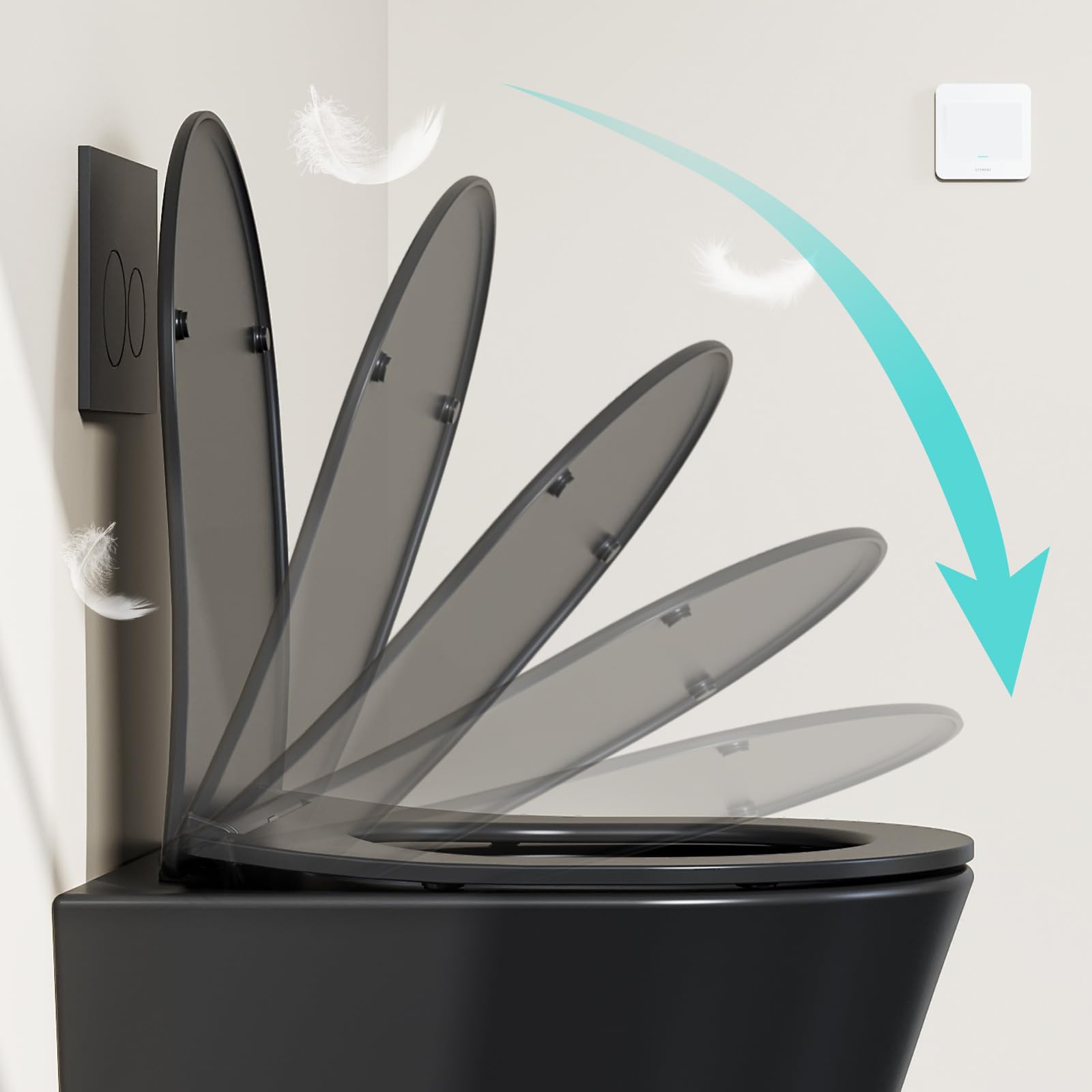 Wisząca WC na ścianie, matowa czerń, z wolnoopadającą deską klozetową, ceramiczna z powłoką nano - jednootworowa spłuczka superspinowa - 48,5 × 35,5 × 35,5 cm