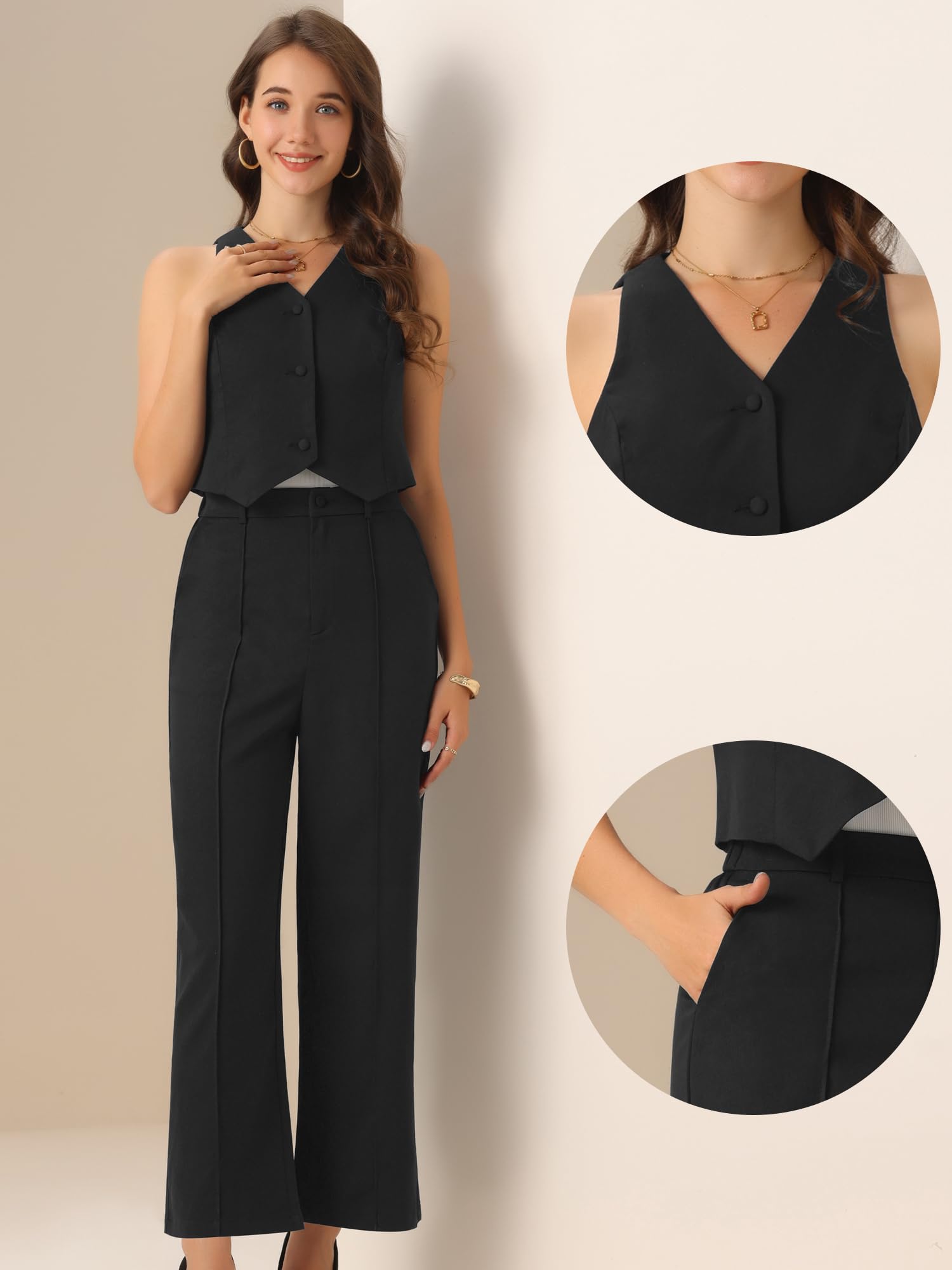 Allegra K Ensemble gilet et pantalon pour femme - Tenue d'affaires habillée deux pièces - Blazer sans manches - Pantalon large