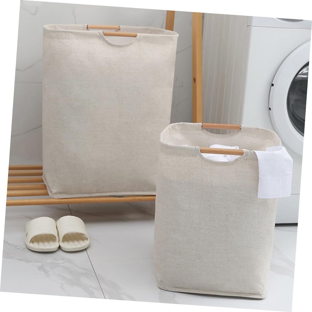 Faltbarer Wäschekorb 60l und 36l, Baumwolle Leinen mit Holzgriff | Faltbarer Wäschekorb Zusammenklappbar, 2 Stück, Beige, für Zuhause und Wohnheim