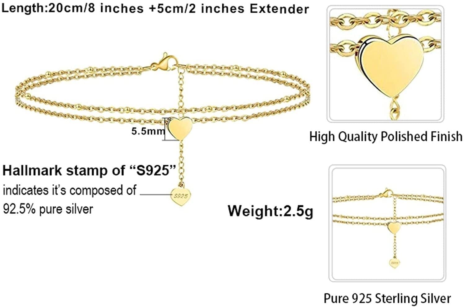 RWRAPS Cavigliera da donna in argento sterling 925 a strati con cuore e catena satellitare Cavigliera con catena a cuore a 2 livelli Gioielli estivi a piedi nudi (argento b) (oro b)