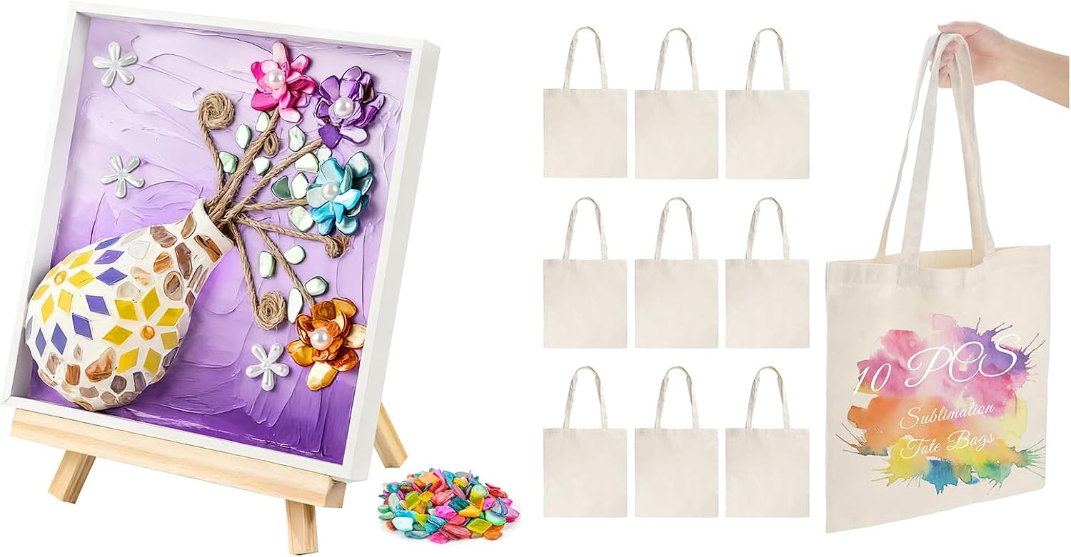 Joyclub Bundle of DIY Vase Mosaic Painting Kit and 10 Pack Sublimation Tote Bags for Adults and Kids with Vase Flower Creativity Handmade Arts and Crafts Making Projects Supplies