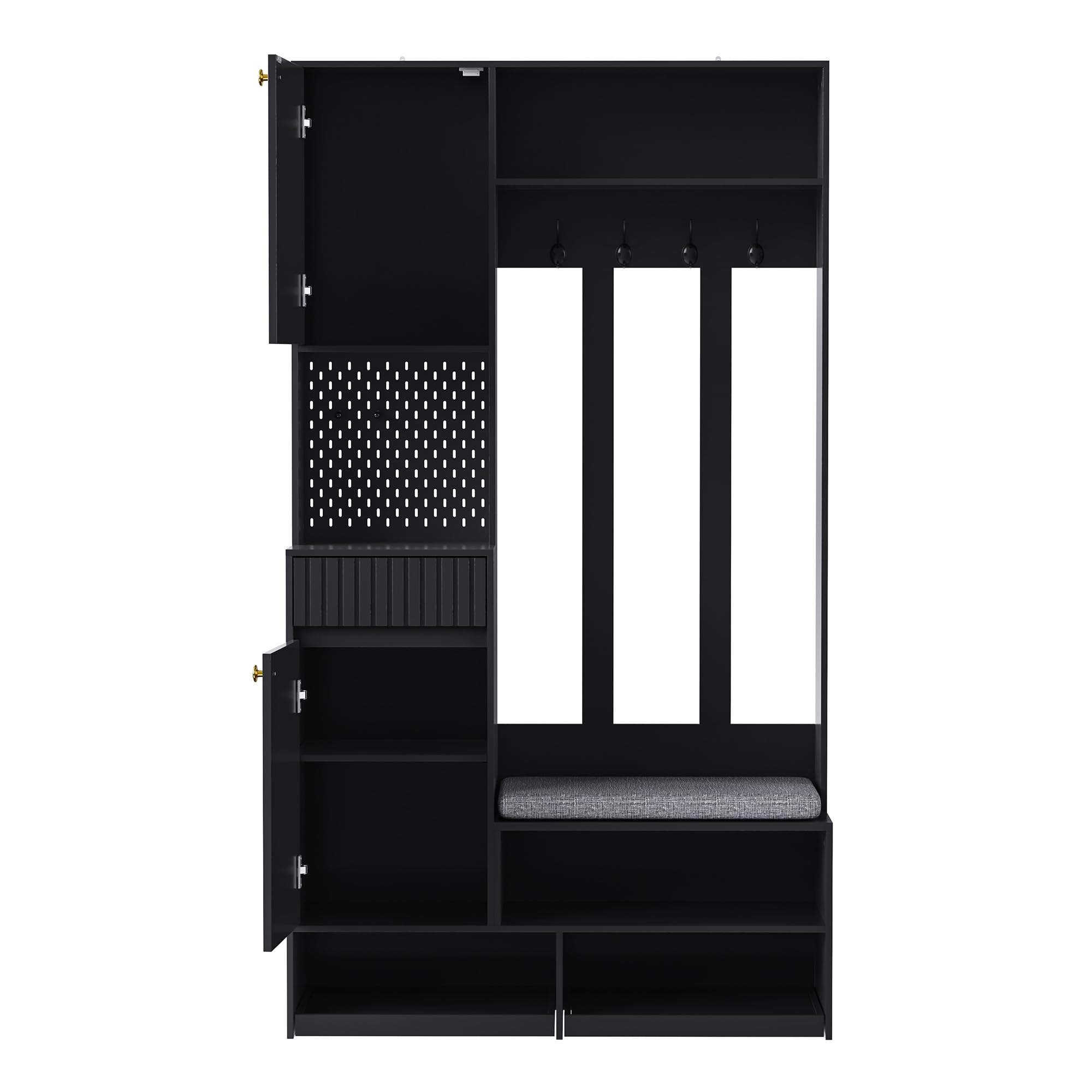 Meuble d'entrée 100x35x180cm, Penderie de Couloir avec Banc, Armoire à Chaussures, 4 Crochets, casier, 2 tiroirs, Panneau perforé Pratique, Porte-Manteau pour entrée (Noir-71S)