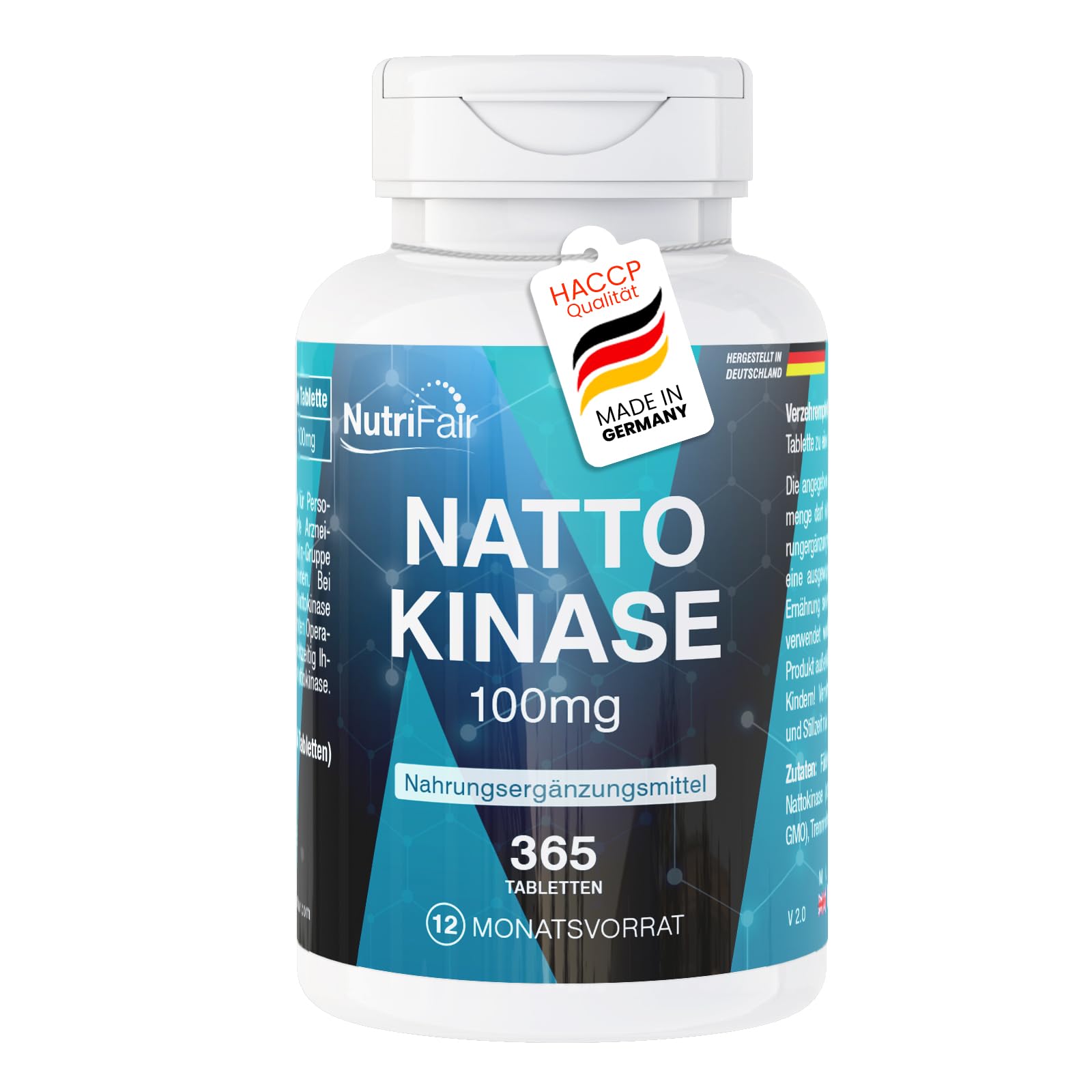 Nattokinase 100mg (20.000 FU/g) - 365 Tabletten - schluckfreundlich - Natto Enzym - Hochdosiert - 100% Vegan – Deutsche Produktion & Laborprüfung - NutriFair | Premium & Fair