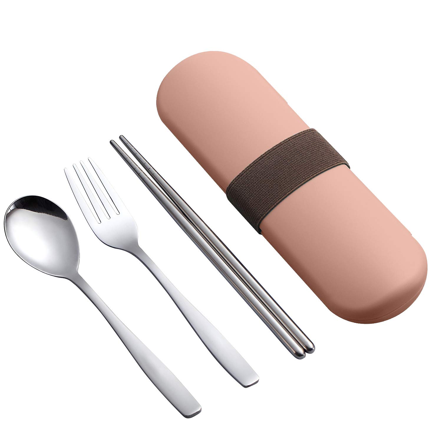 TiLeMiun Portable Utensil, Stainless Steel Travel Cutlery Set 4-piece Portable Flatware Set Includes Spoon Chopsticks Fork with Case (Pink, 4 piece)