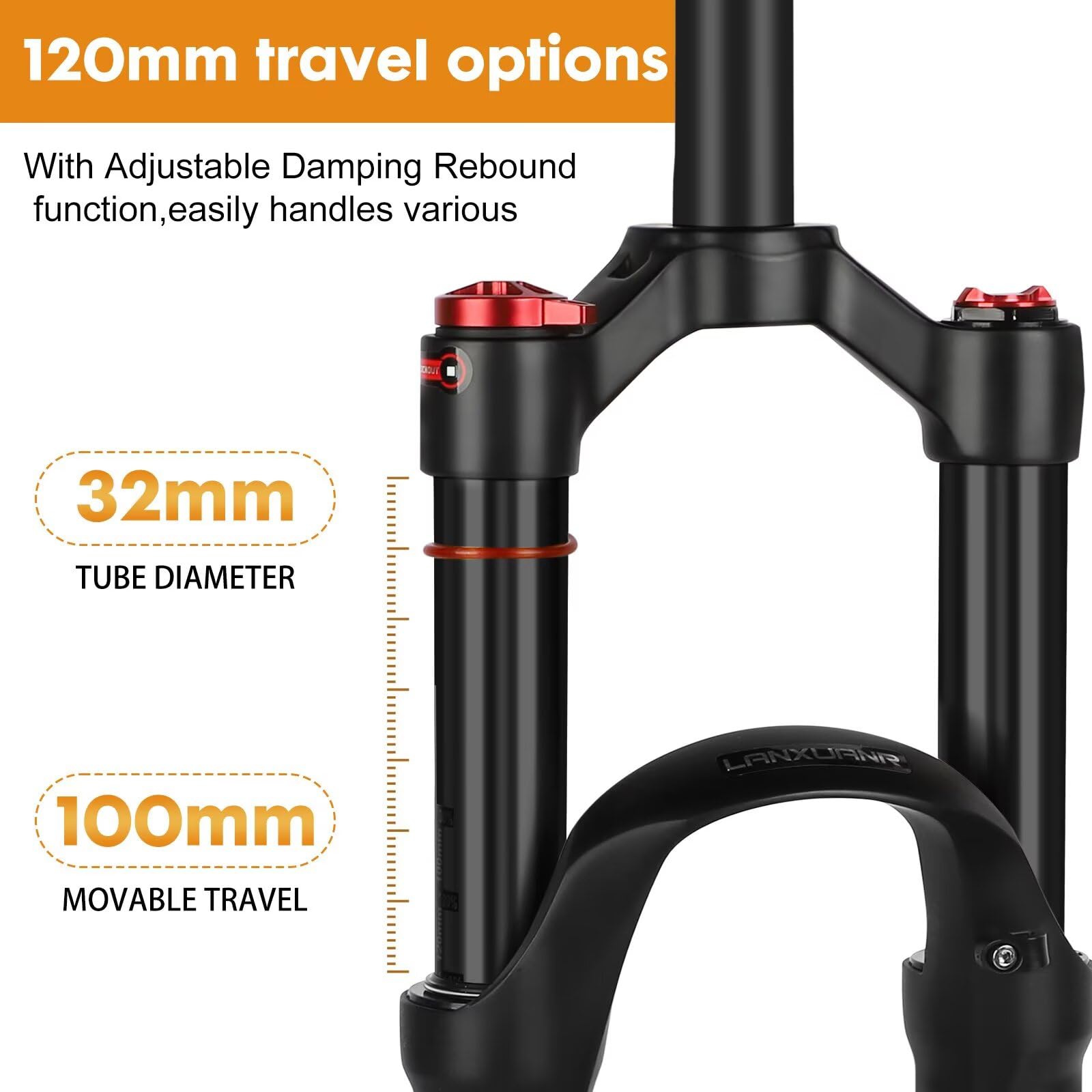 Horquilla para Bicicleta de montaña de 26/27,5/29 Pulgadas. Ajuste de Rebote, suspensión neumática. Tubo Recto/cónico de 1-1/8 Pulgadas x 220 mm, Cierre rápido de 9 x 100 mm, Freno de Disco