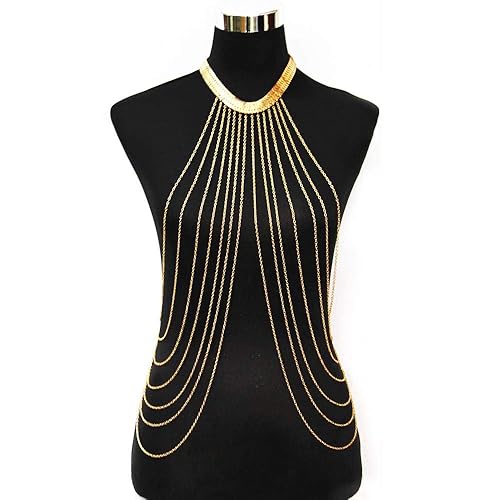 Yomiie Body Chain Layered Gold Tassels Necklace Fashion Jewelry Belly Waist Bra Boho Hot Bikini Beach Harness Anniversary Festival Gift for Women Lady