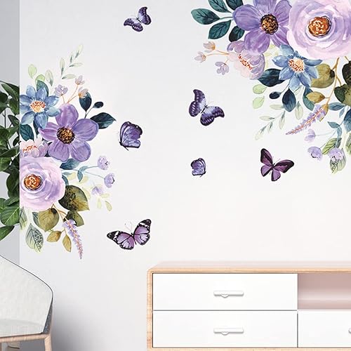 Miniatura 3 de Calcomanías de pared de flores moradas calcomanías de pared de flores de acuarela mariposas y plantas naturales vinilo extraíble para despegar y