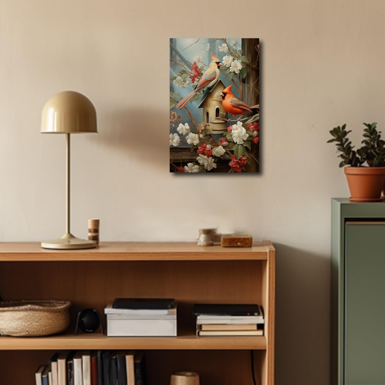 CXHOSTENT Kardinal Leinwandbilder Kardinalvogel mit Vintage Blumen Kunstdruck Tiere Vögel Bilder für rustikale Küche Badezimmer Dekor (A, 70.00 x 105.00 cms)