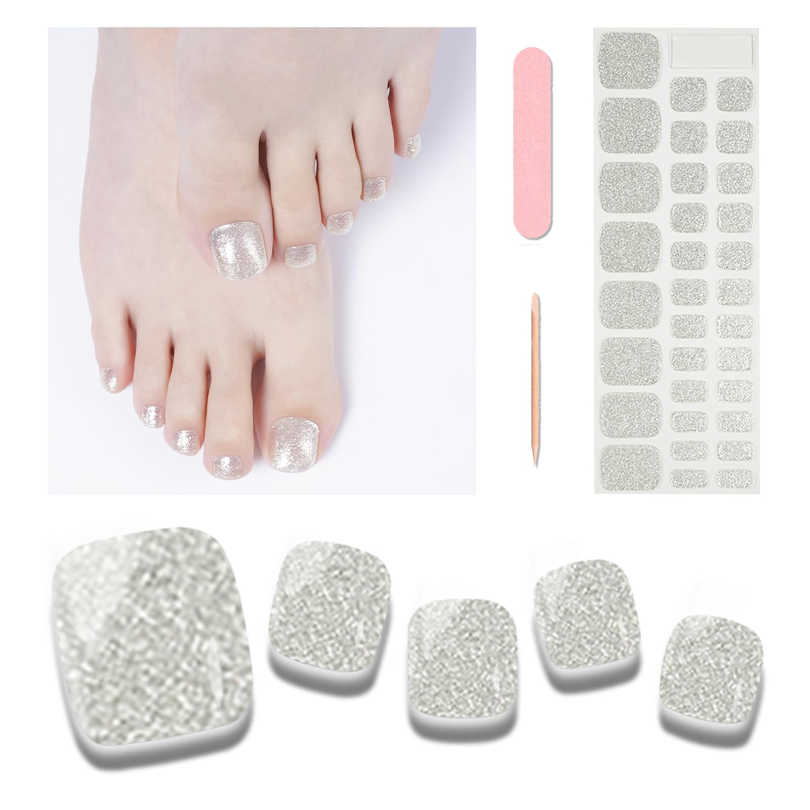 Wekcekcek Semi Cured Gel Toenail Strips, 32 Glitter Silver Gel Toenail Stickers - Works with Any UV Lamps Pedicure Strips Full Nail Wraps with Nail