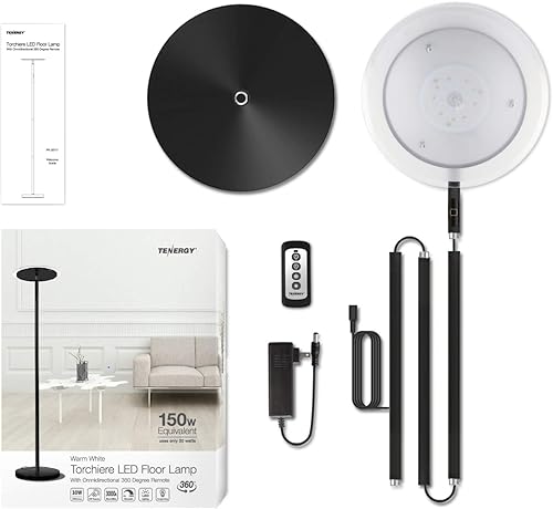 Miniatura 9 de Tenergy Torchiere - Lámpara de pie LED regulable, control remoto de 30 W (equivalente a 150 W), parte superior ajustable de 90, compatible con