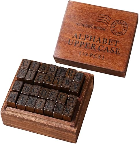 28 unidades/1 juego de sellos de madera del alfabeto con cabeza de goma vintage, sellos decorativos con caja de almacenamiento para álbumes de